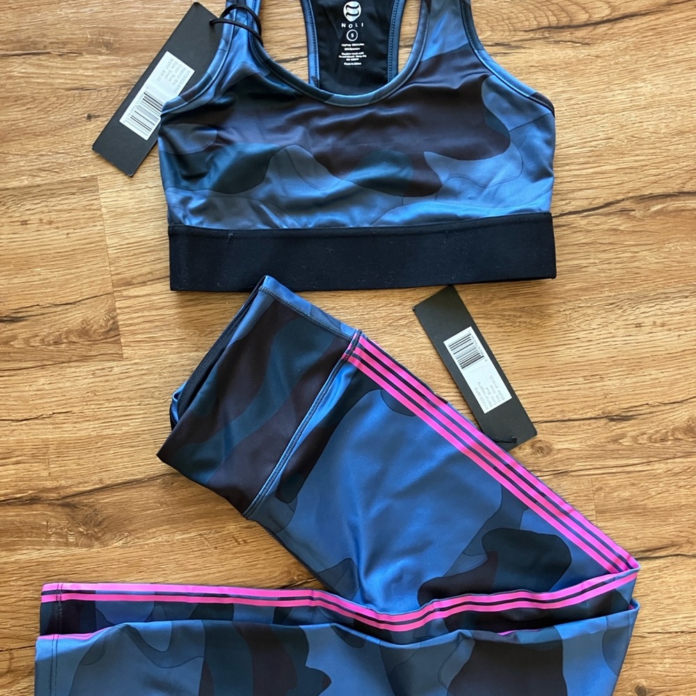 Noli Warrior Blue and Black Camo Sports Bra and Leggings Set S NWT